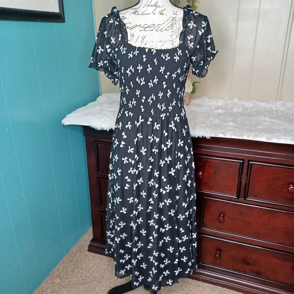 Sirenlily Black Puff Sleeve Bohemian Whimsical Midi Dress With Leg Slit Large - Picture 1 of 9